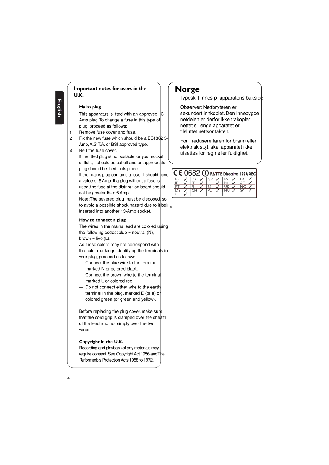 Philips WACS7000, WACS7005 Important notes for users in the U.K, Mains plug, How to connect a plug, Copyright in the U.K 