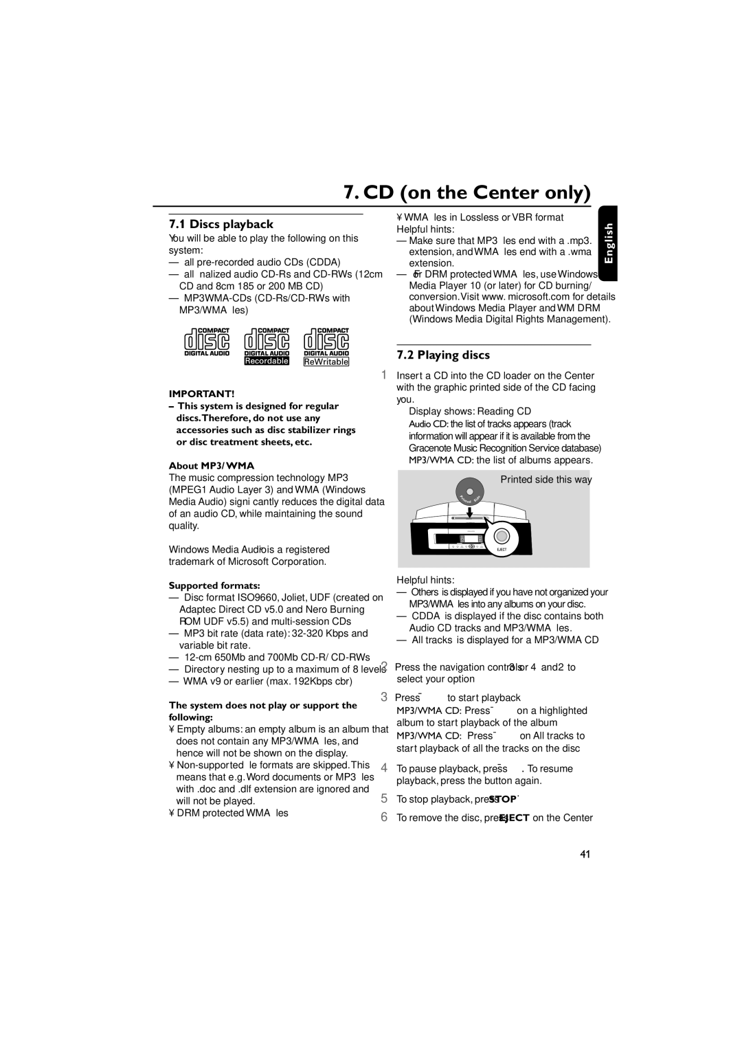 Philips WACS7000, WACS7005 user manual CD on the Center only, Discs playback, Playing discs 