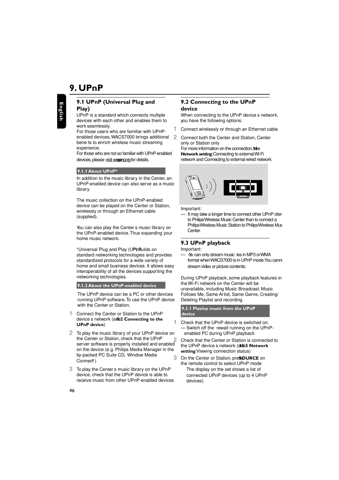 Philips WACS7000, WACS7005 user manual UPnP Universal Plug and Play, Connecting to the UPnP device, UPnP playback 