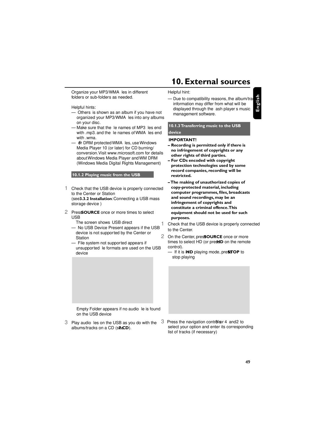 Philips WACS7000, WACS7005 user manual Playing music from the USB Device, Transferring music to the USB device 