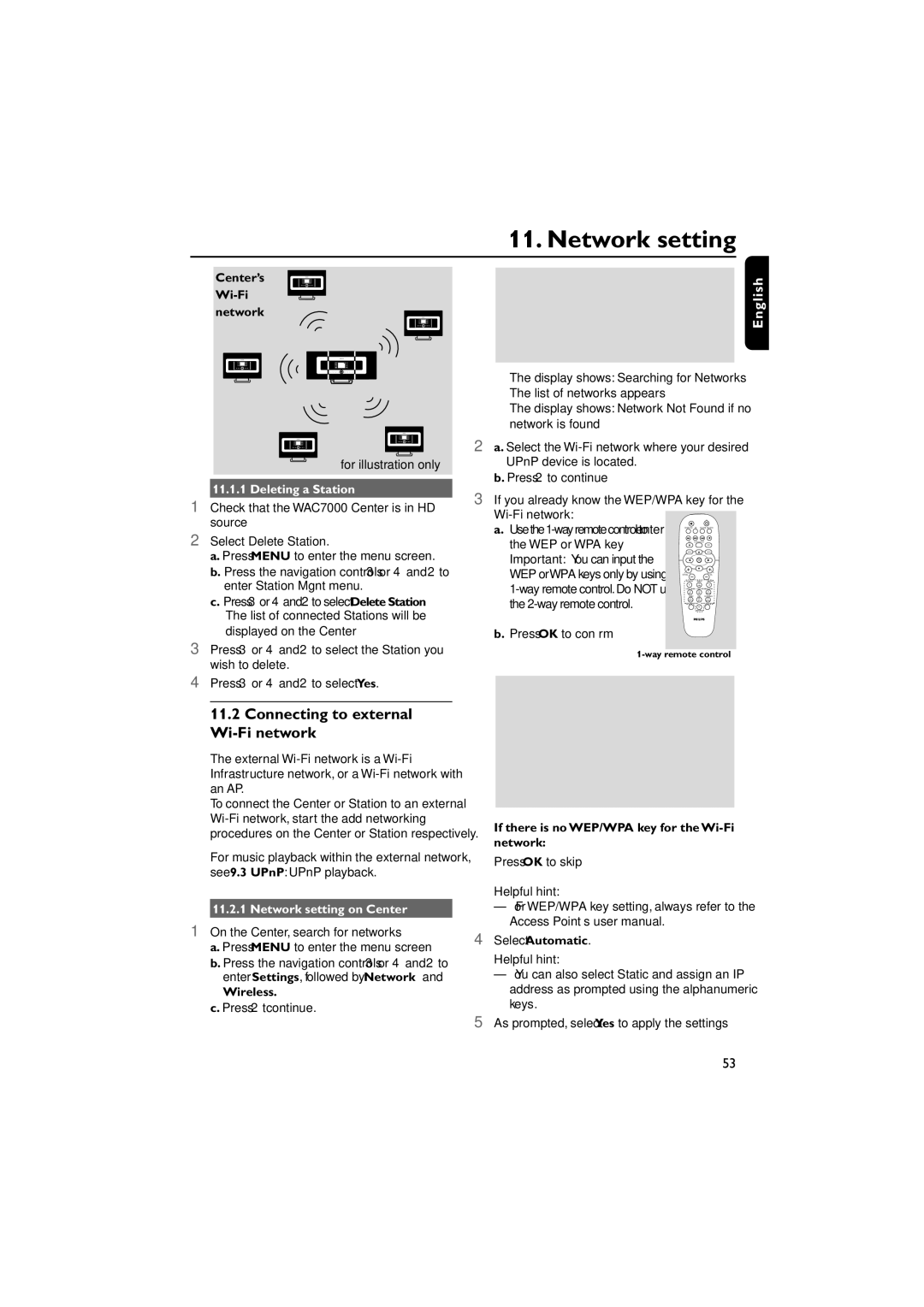 Philips WACS7000, WACS7005 Connecting to external Wi-Fi network, Deleting a Station, Wireless, Press 2 tcontinue 