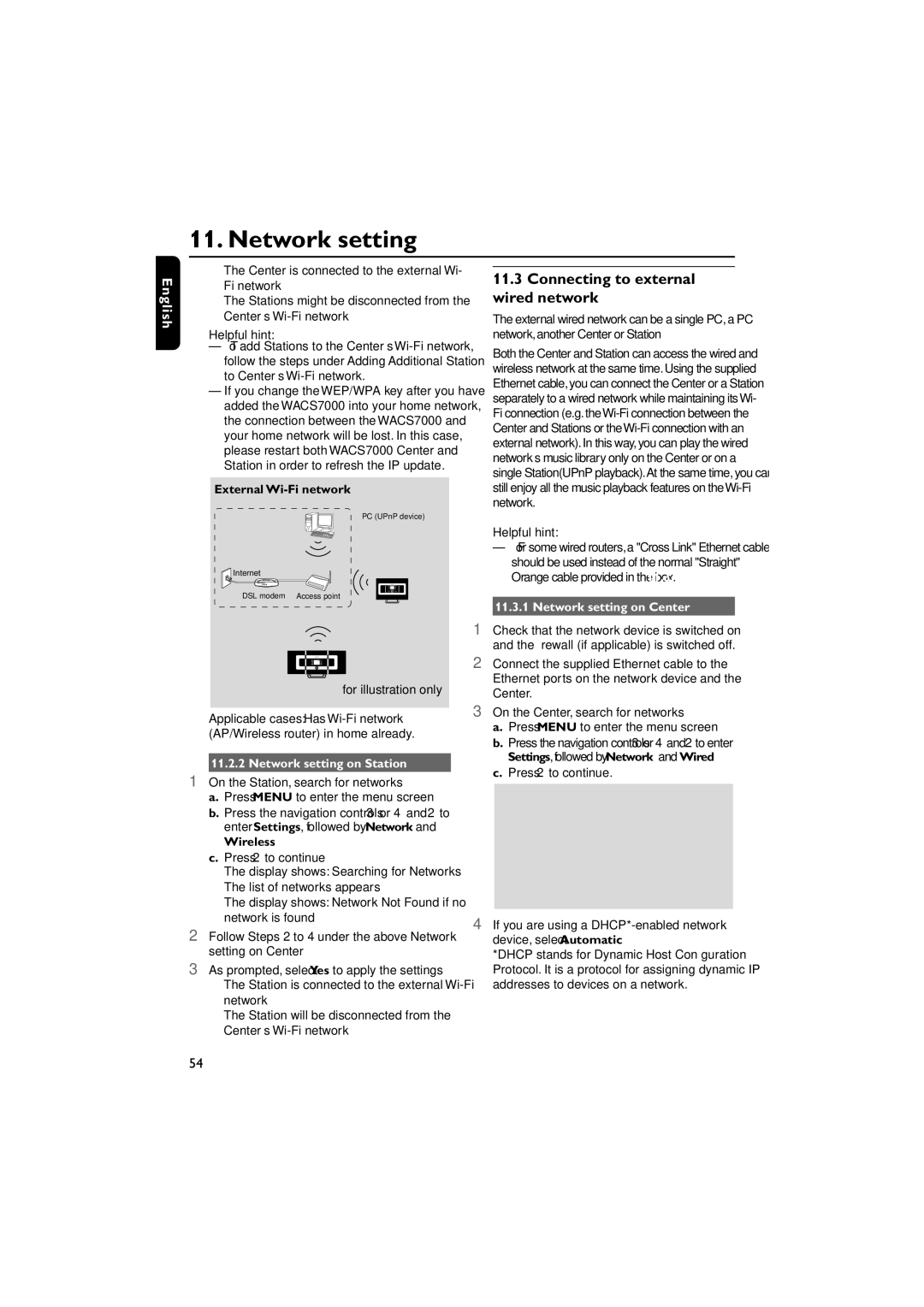 Philips WACS7000, WACS7005 Connecting to external wired network, External Wi-Fi network, Network setting on Center 