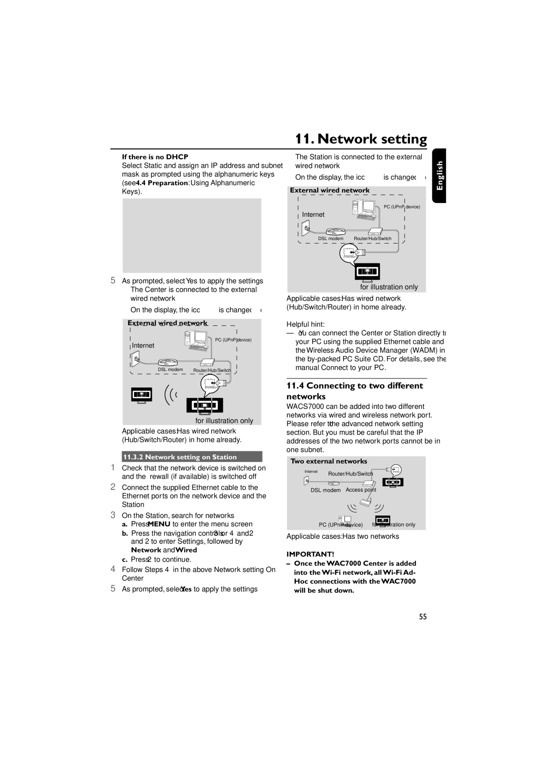 Philips WACS7000, WACS7005 Connecting to two different networks, For illustration only Applicable cases Has wired network 