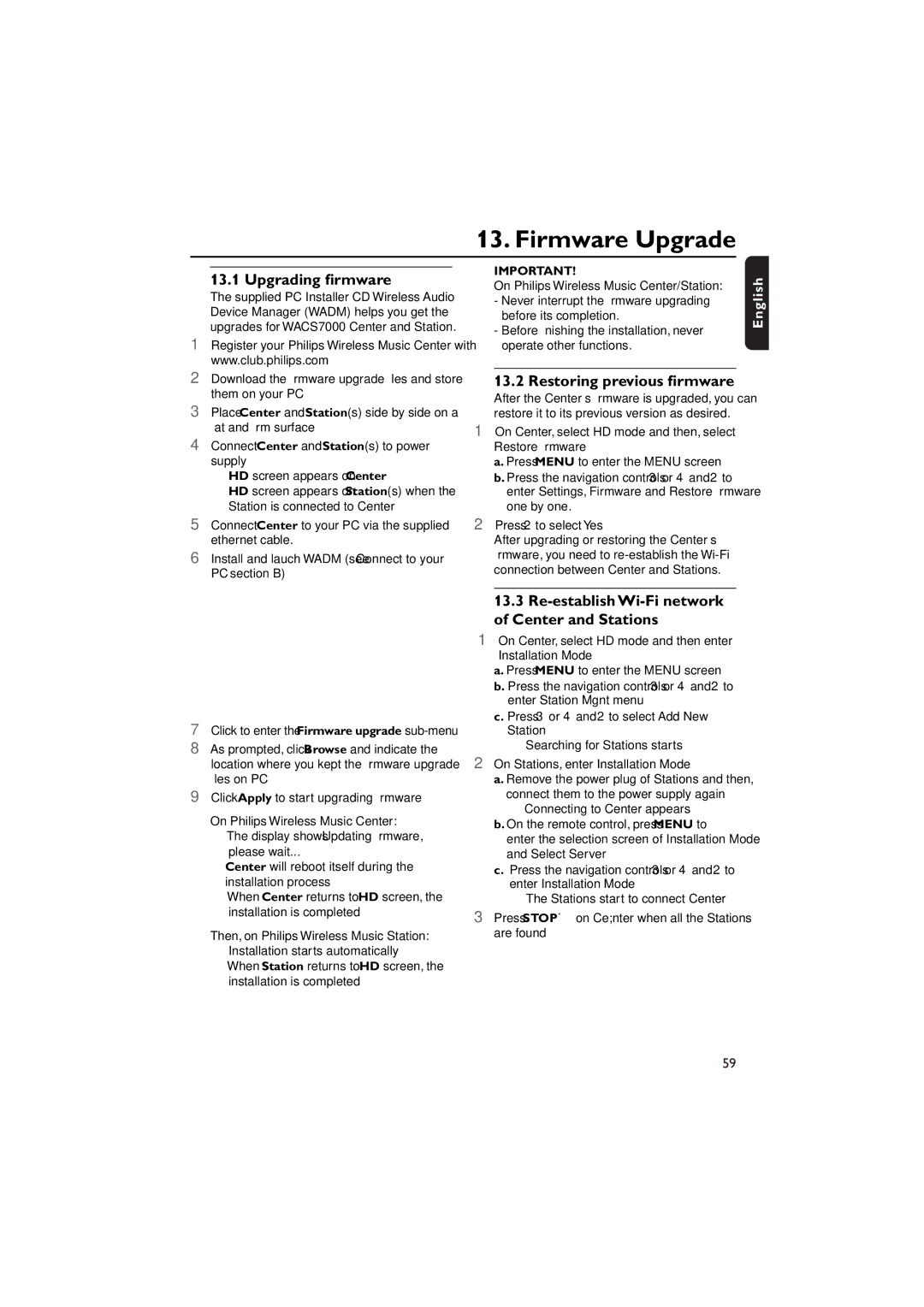 Philips WACS7000, WACS7005 user manual Firmware Upgrade, Upgrading ﬁrmware, Restoring previous ﬁrmware 