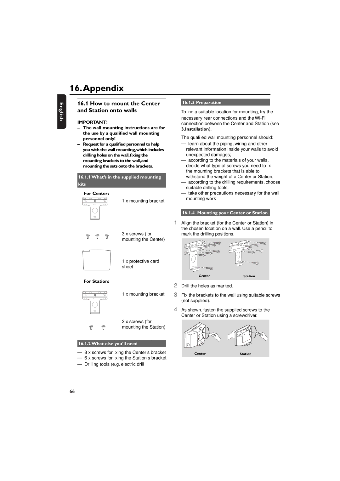 Philips WACS7000, WACS7005 user manual Appendix, How to mount the Center and Station onto walls 