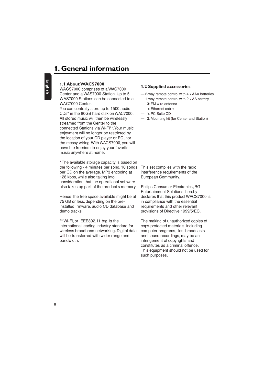 Philips WACS7000, WACS7005 user manual General information, About WACS7000, Supplied accessories 