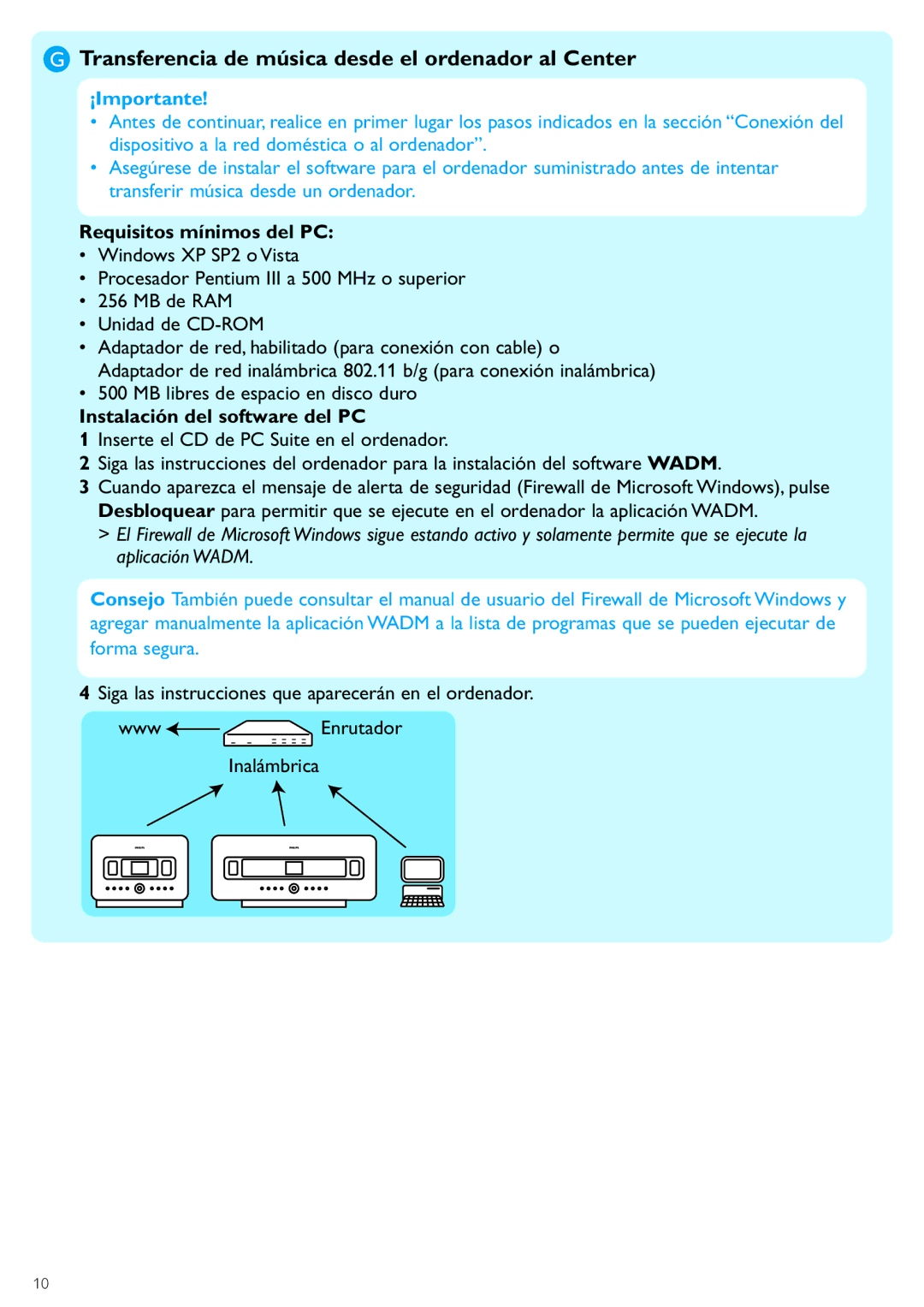 Philips WACS7500 manual Transferencia de música desde el ordenador al Center, Requisitos mínimos del PC 
