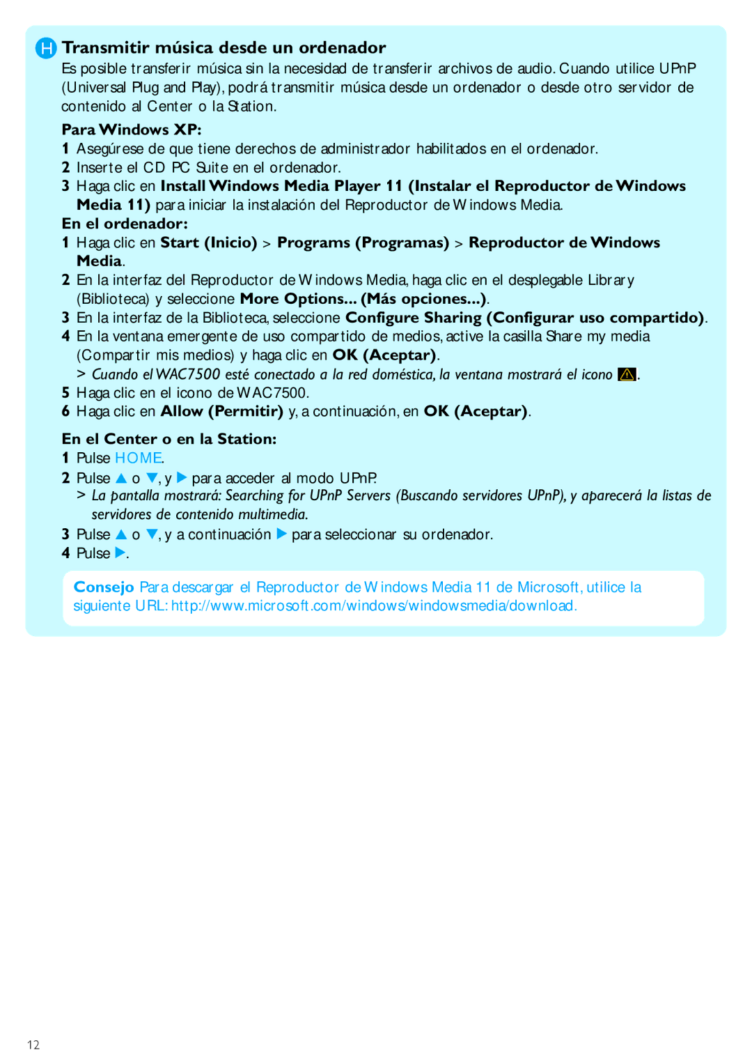 Philips WACS7500 manual Transmitir música desde un ordenador, Para Windows XP, En el Center o en la Station 