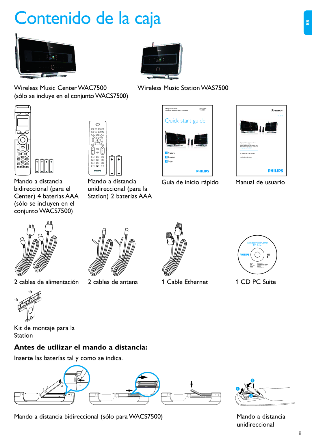 Philips WACS7500 manual Contenido de la caja, Antes de utilizar el mando a distancia 