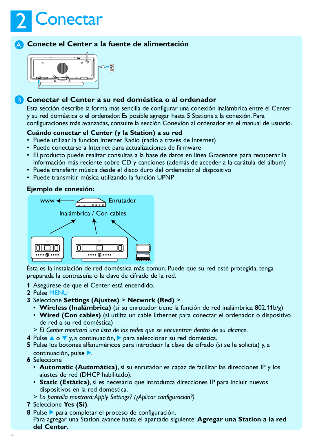 Philips WACS7500 manual Conectar, Cuándo conectar el Center y la Station a su red, Ejemplo de conexión 
