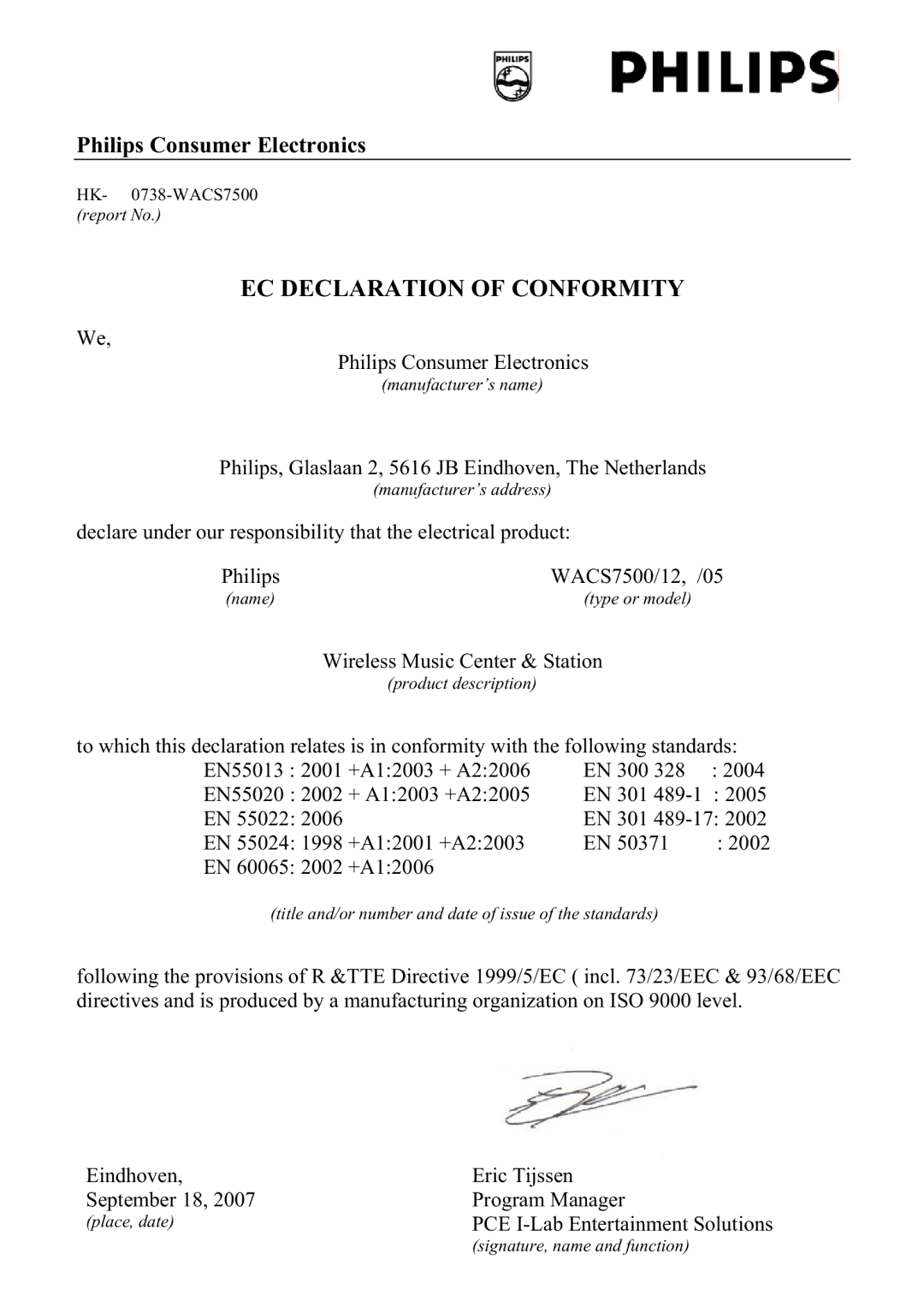 Philips WACS7500 manual EC Declaration of Conformity 