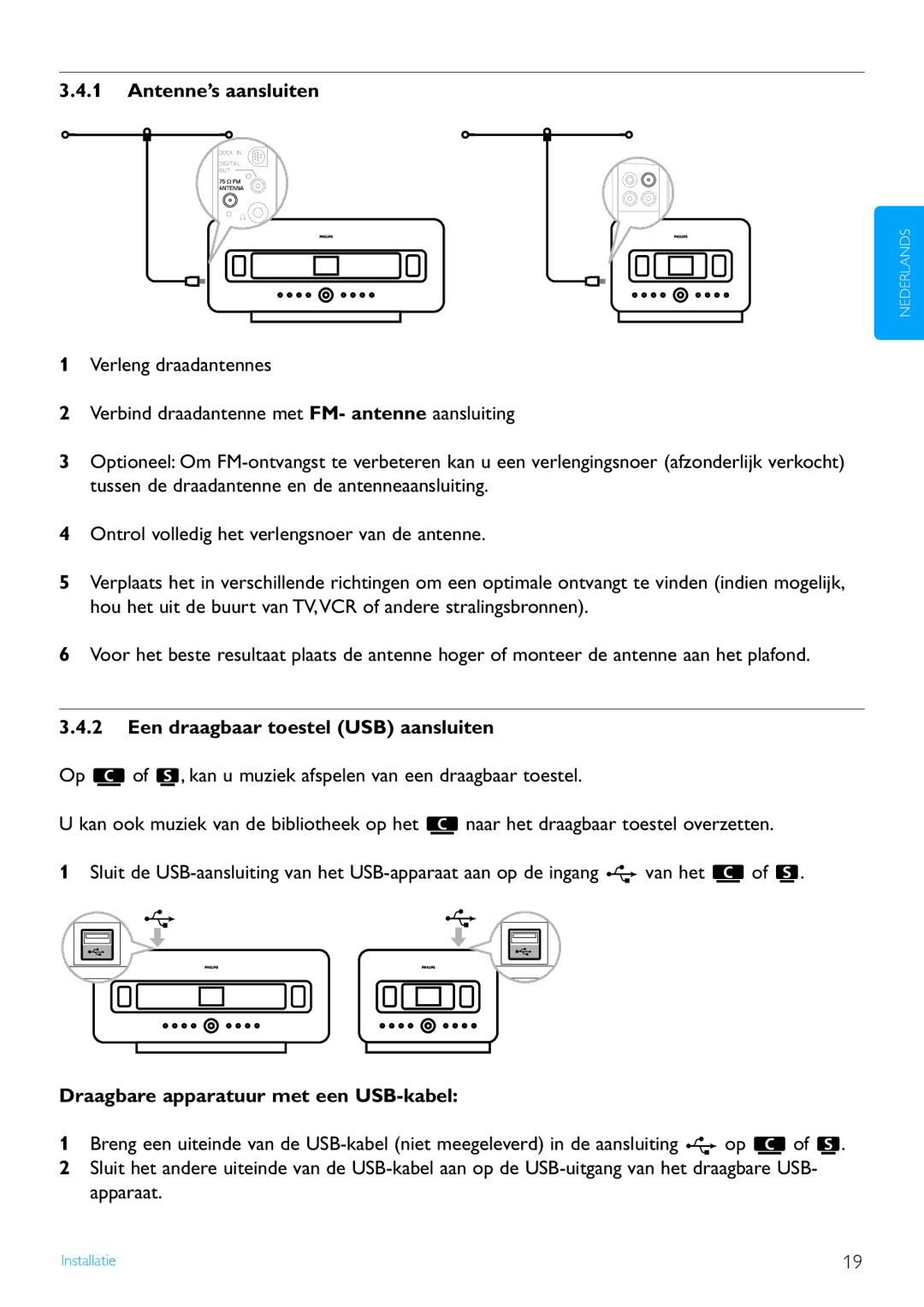 Philips WACS7500 manual Antenne’s aansluiten, Een draagbaar toestel USB aansluiten, Draagbare apparatuur met een USB-kabel 