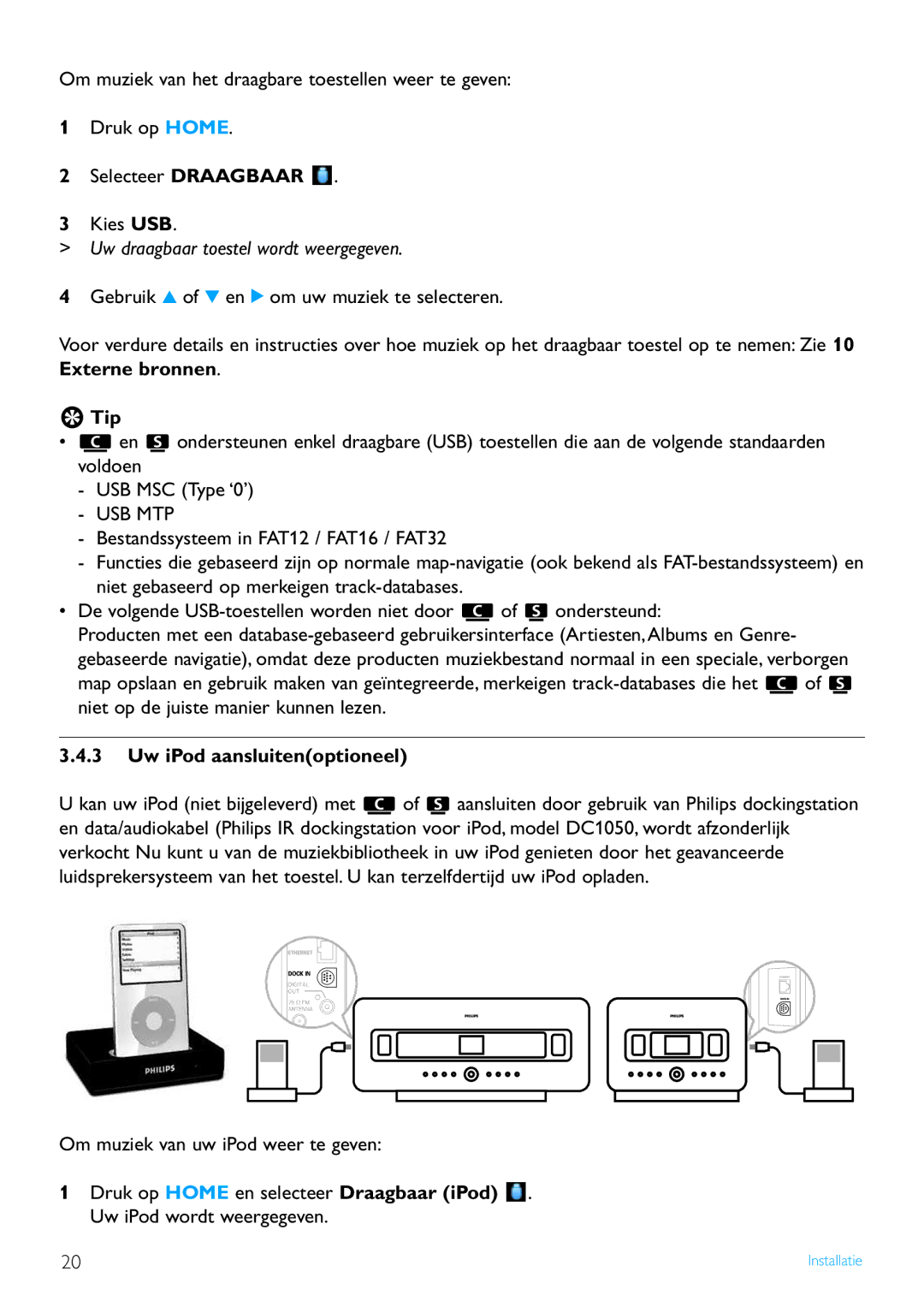 Philips WACS7500 manual Uw draagbaar toestel wordt weergegeven, Gebruik 3 of 4 en 2 om uw muziek te selecteren 