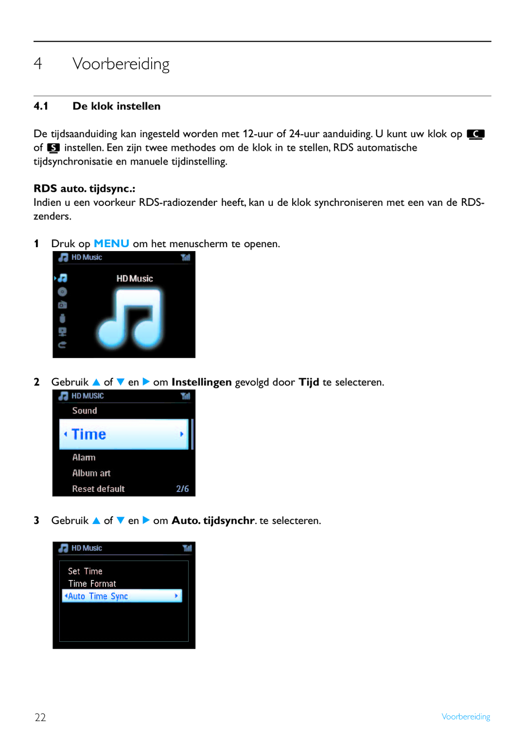 Philips WACS7500 manual Voorbereiding, De klok instellen, RDS auto. tijdsync 