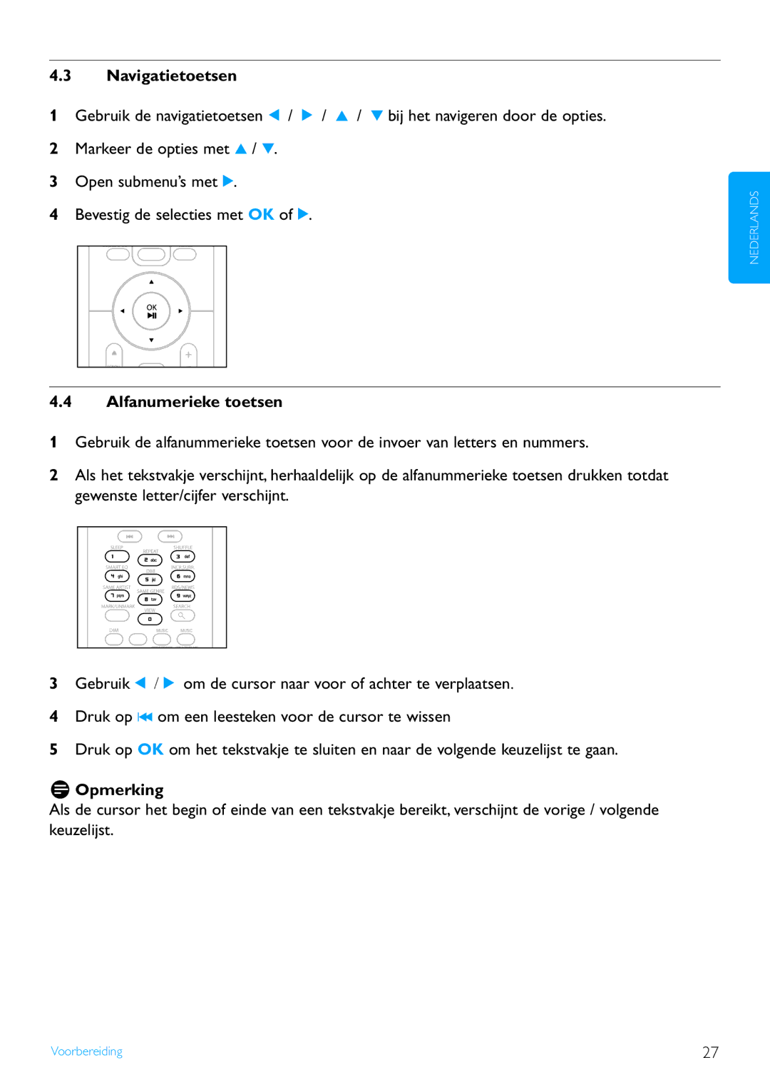 Philips WACS7500 manual Navigatietoetsen, Alfanumerieke toetsen 