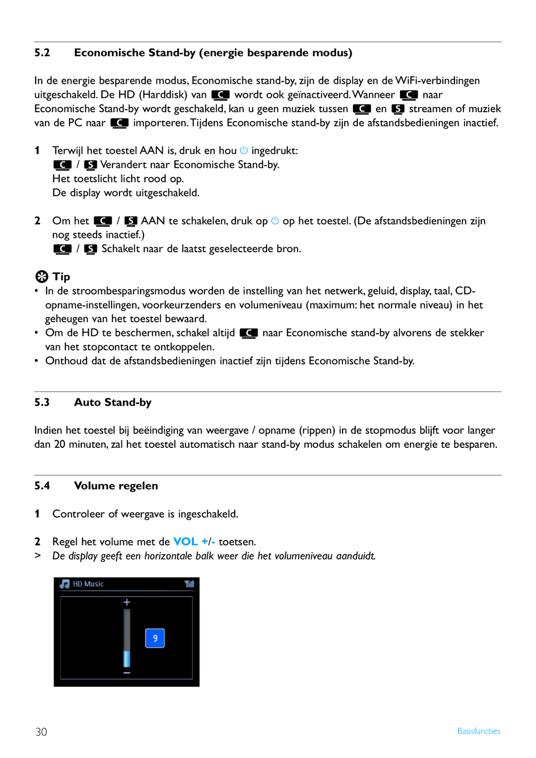 Philips WACS7500 manual Economische Stand-by energie besparende modus, Auto Stand-by, Volume regelen 