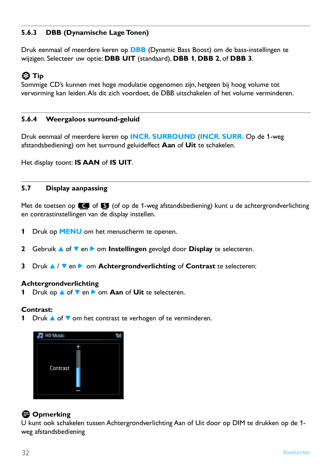 Philips WACS7500 manual DBB Dynamische Lage Tonen, Weergaloos surround-geluid, Display aanpassing, Contrast 