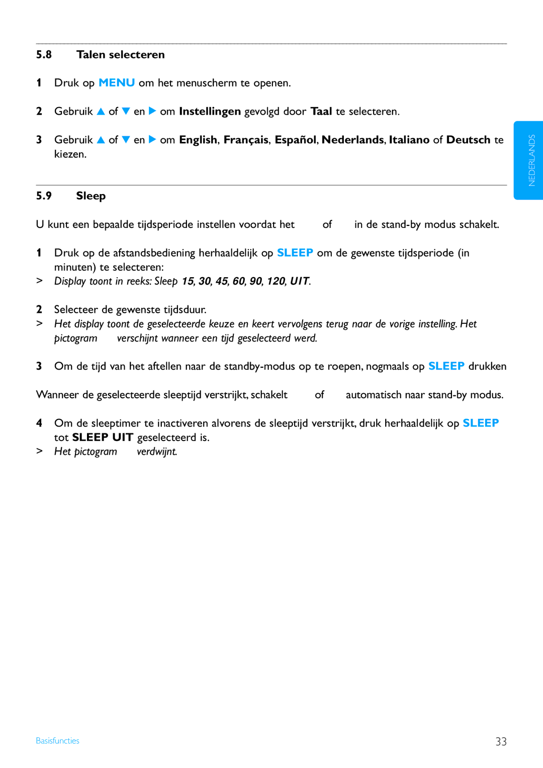 Philips WACS7500 manual Talen selecteren, Display toont in reeks Sleep 15, 30, 45, 60, 90, 120, UIT 