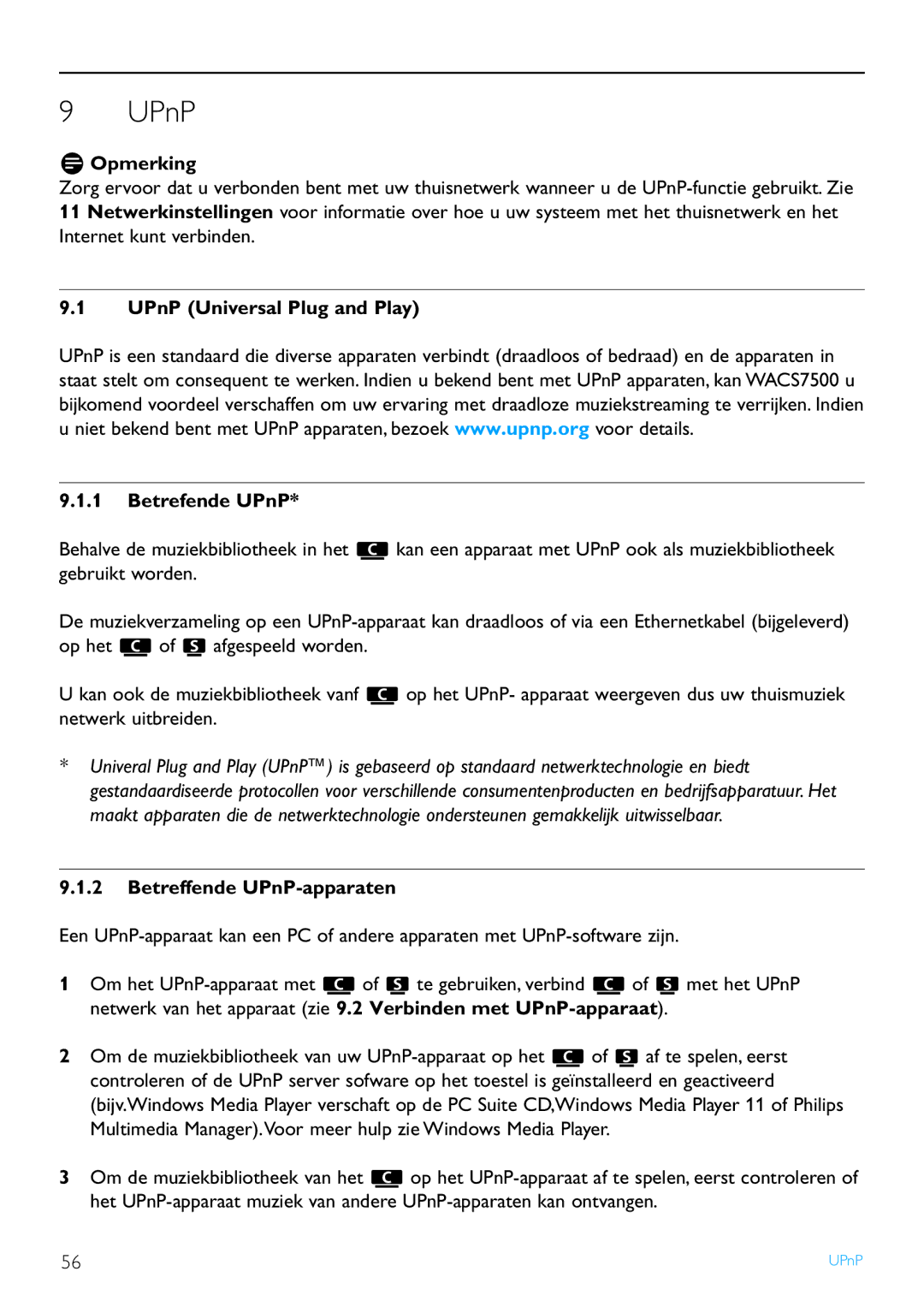 Philips WACS7500 manual UPnP Universal Plug and Play Betrefende UPnP, Betreffende UPnP-apparaten 