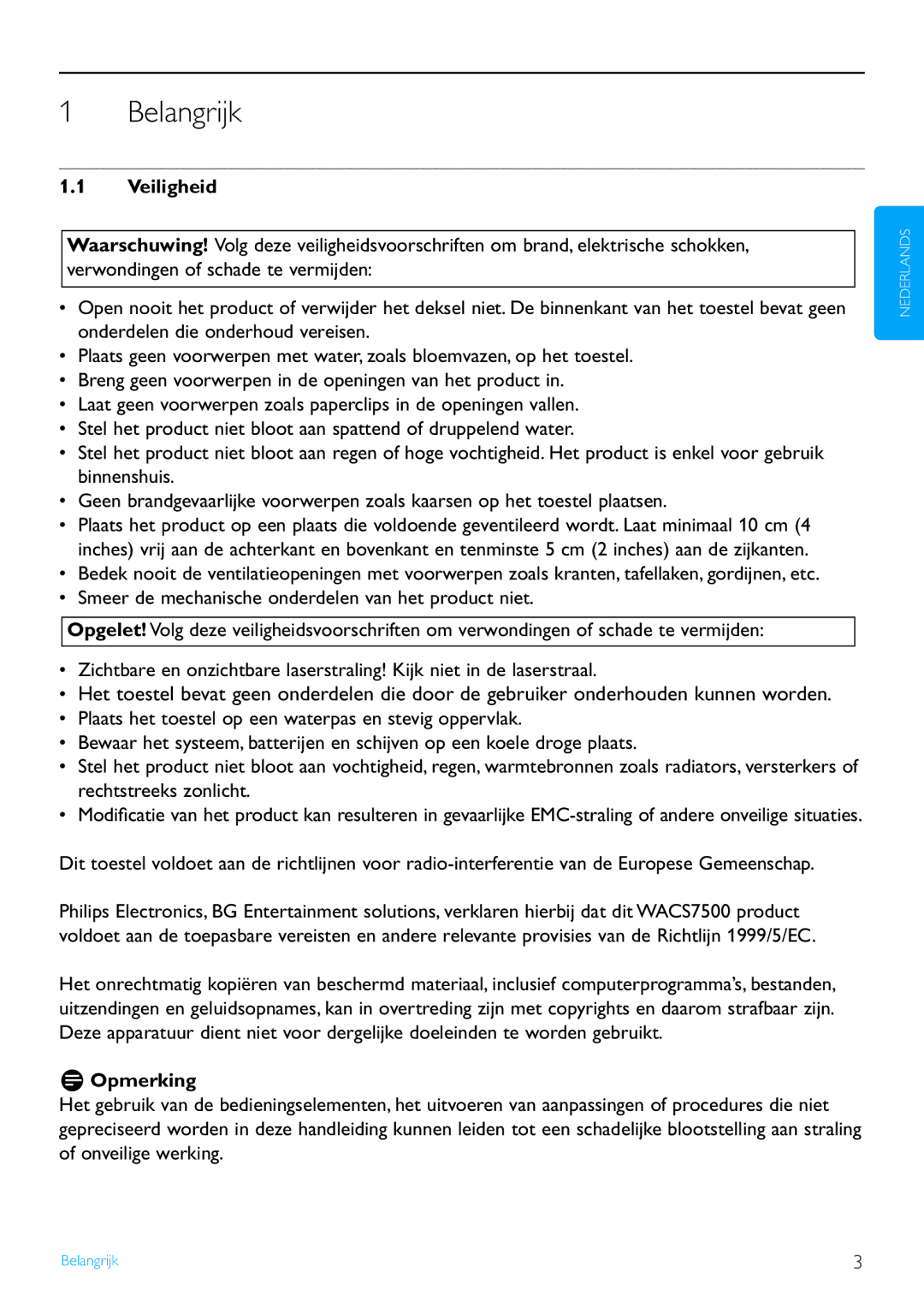 Philips WACS7500 manual Belangrijk, Veiligheid, Opmerking 