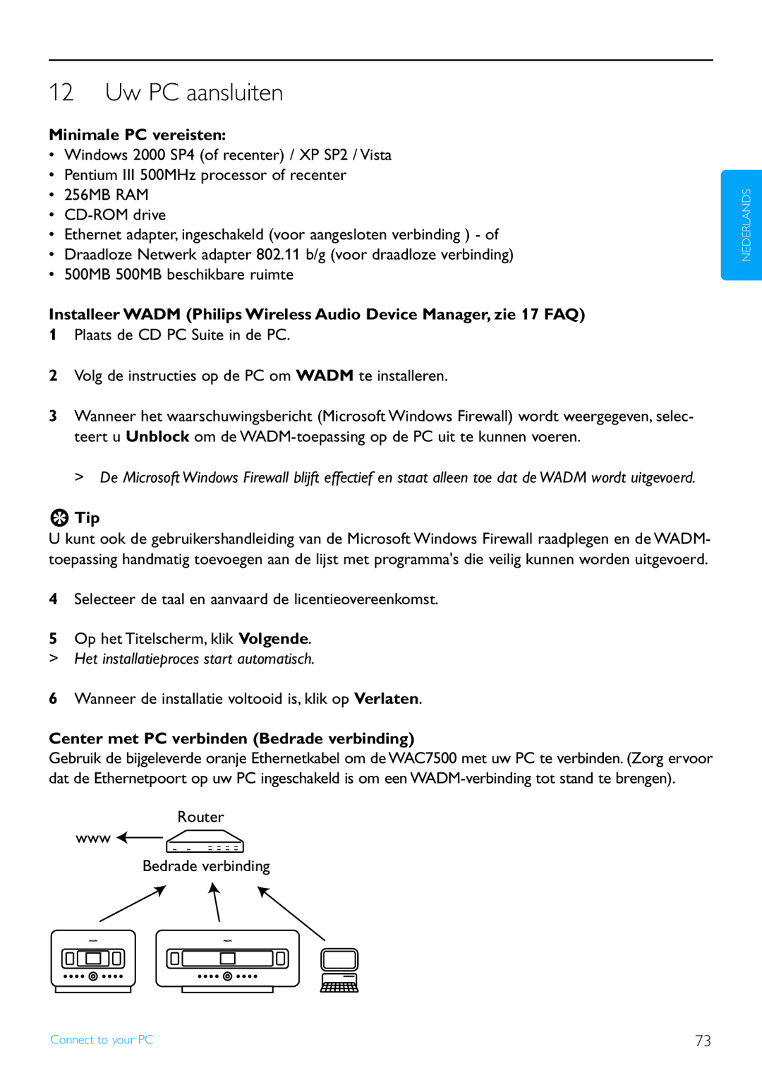 Philips WACS7500 manual Uw PC aansluiten, Minimale PC vereisten, Het installatieproces start automatisch 