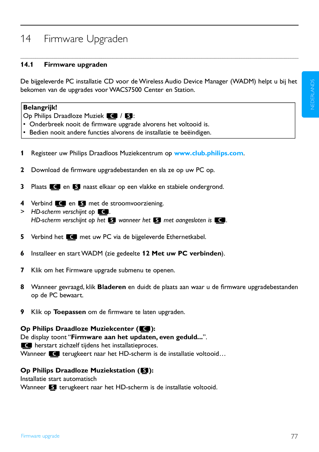 Philips WACS7500 manual Firmware Upgraden, Op Philips Draadloze Muziekstation 