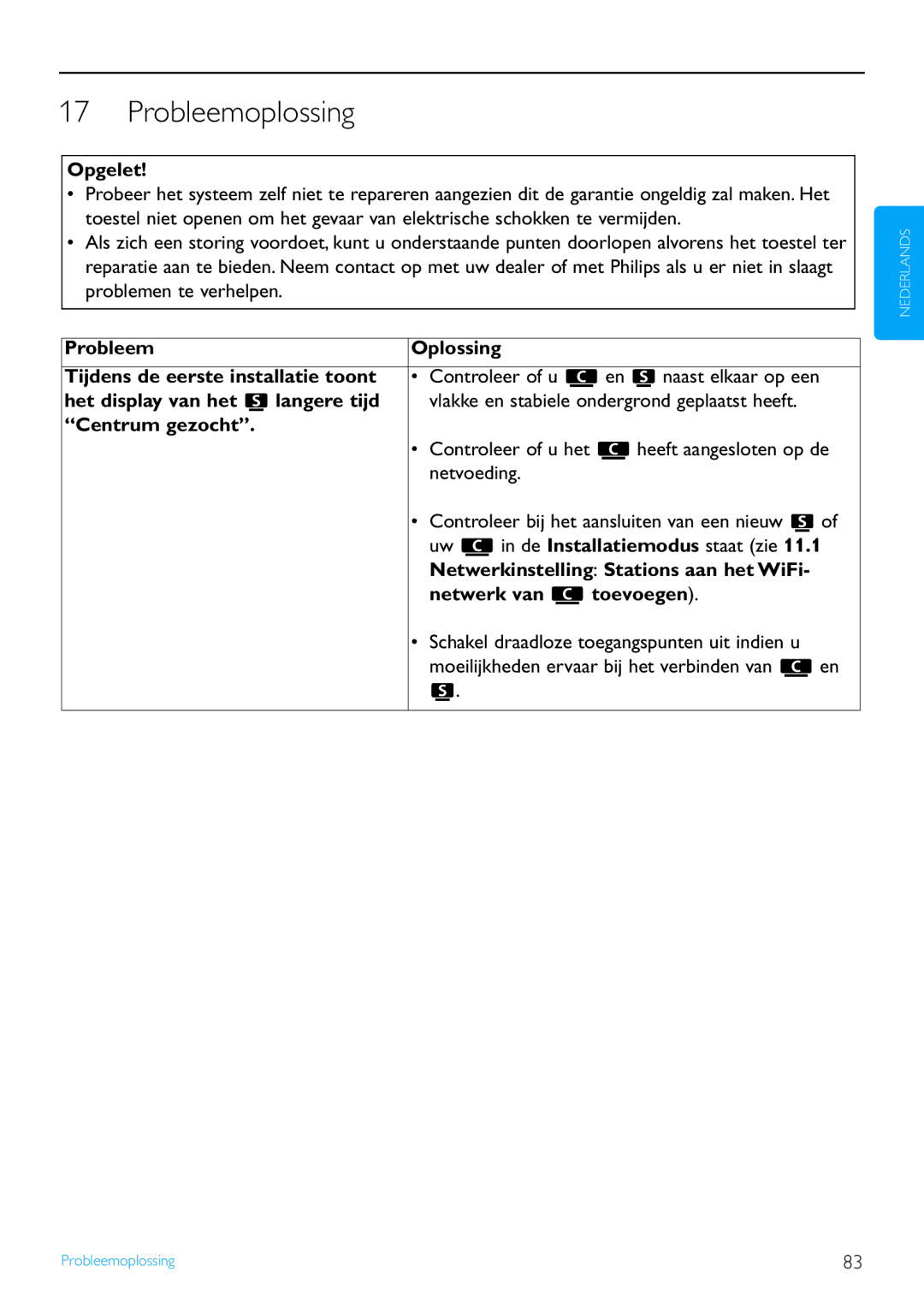 Philips WACS7500 manual Probleemoplossing, Opgelet, Centrum gezocht, Netwerk van toevoegen 