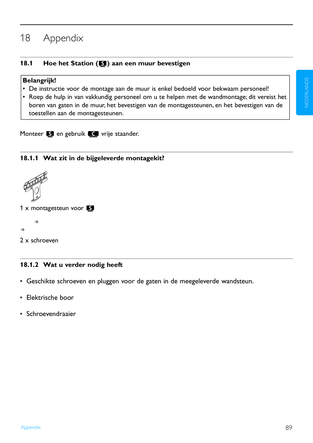 Philips WACS7500 Appendix, Hoe het Station aan een muur bevestigen Belangrijk, Wat zit in de bijgeleverde montagekit? 