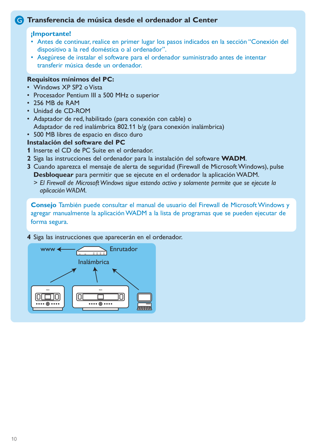 Philips WACS7500 manual Requisitos mínimos del PC, Instalación del software del PC 