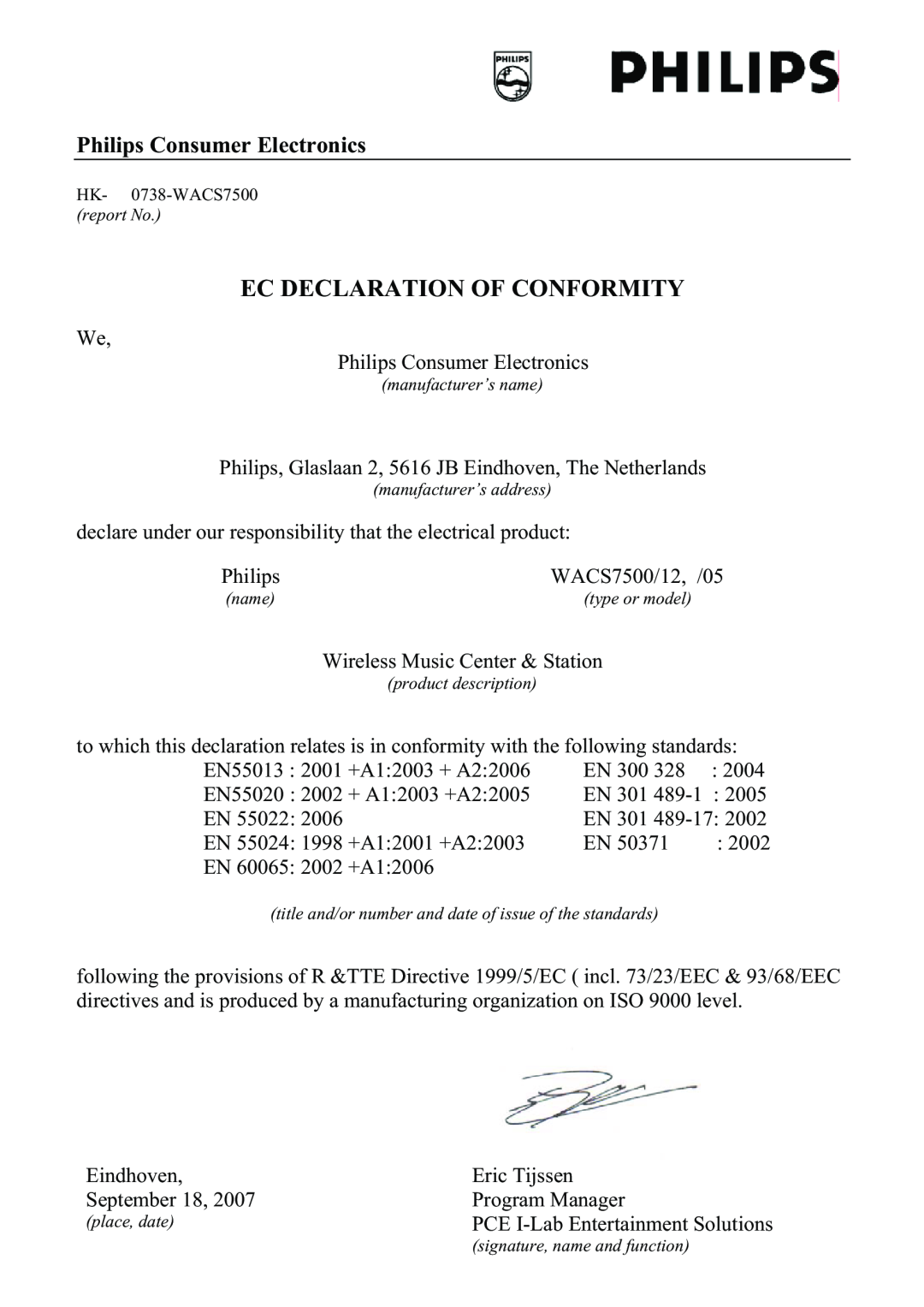 Philips manual Ec Declaration Of Conformity, Philips Consumer Electronics, WACS7500/12, /05 