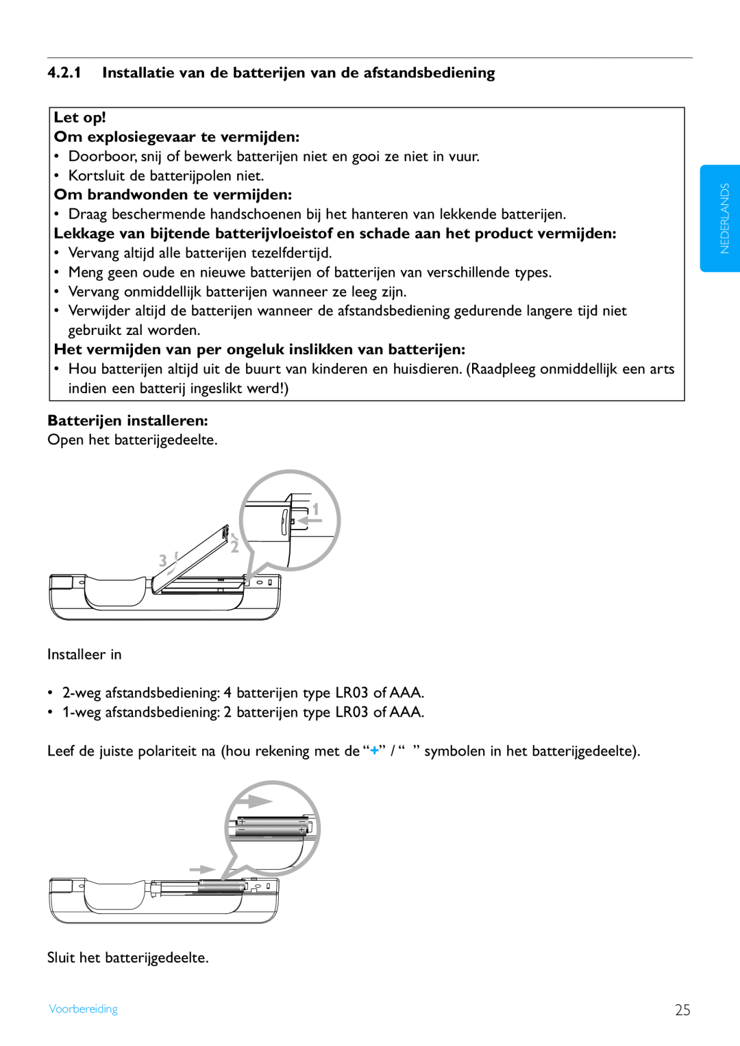 Philips WACS7500 manual Let op Om explosiegevaar te vermijden, Om brandwonden te vermijden, Batterijen installeren 