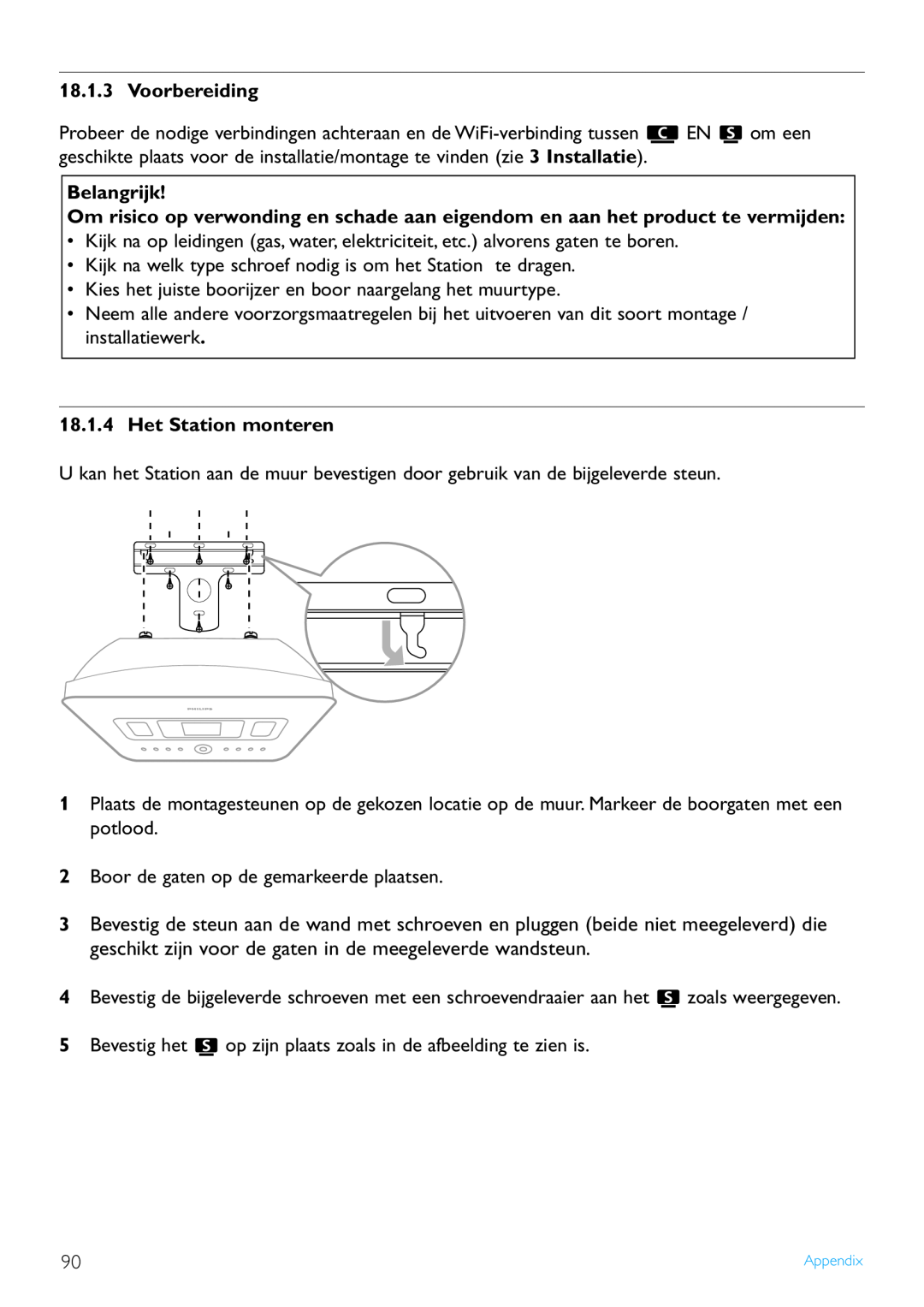 Philips WACS7500 manual Voorbereiding, Belangrijk, Het Station monteren 