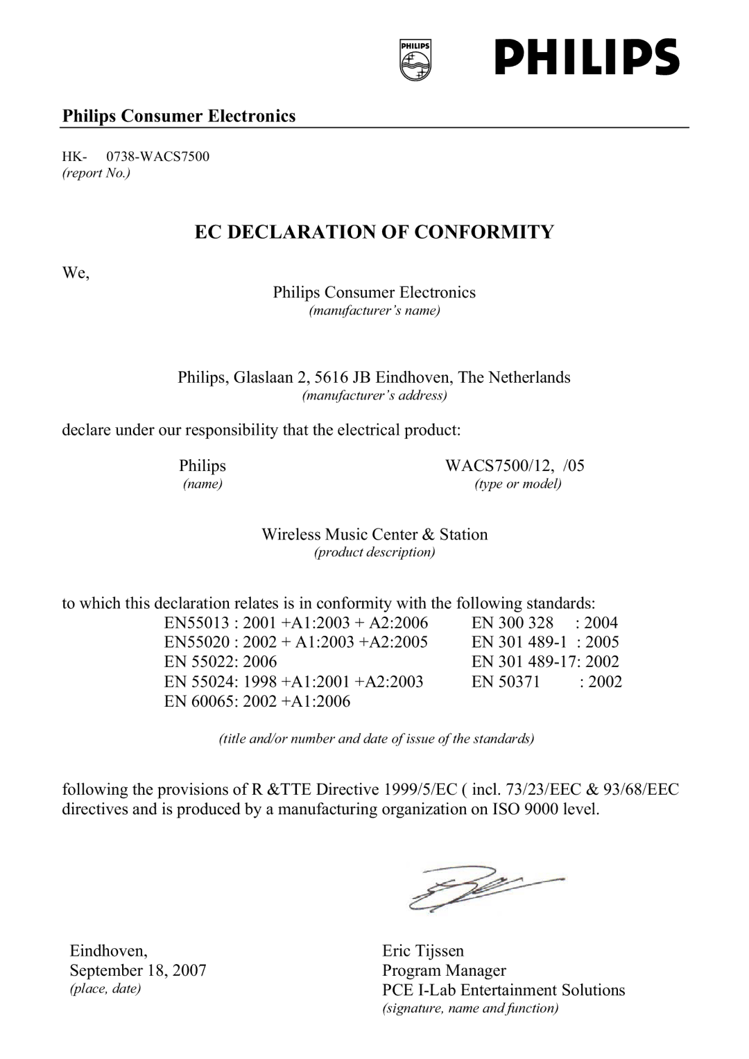 Philips WACS7500/37 manual EC Declaration of Conformity 