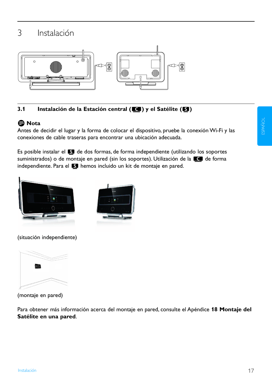 Philips WACS7500/37 manual Instalación de la Estación central y el Satélite Nota, Satélite en una pared 