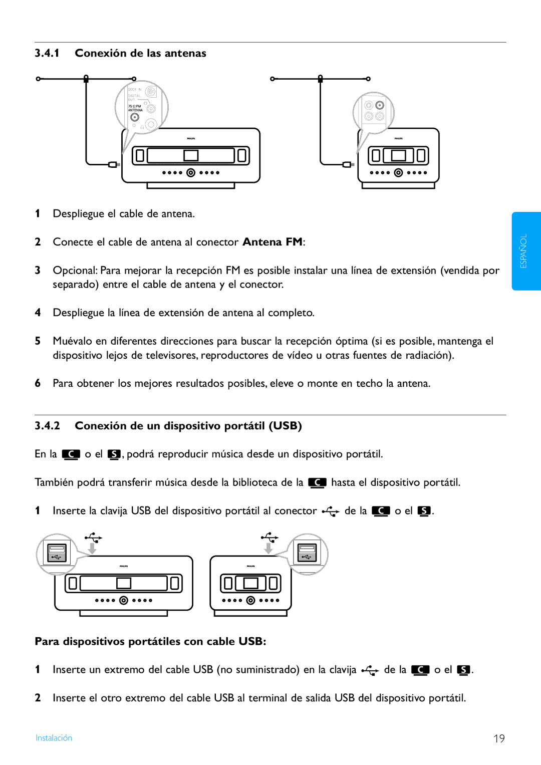 Philips WACS7500/37 manual Conexión de las antenas, Conexión de un dispositivo portátil USB 