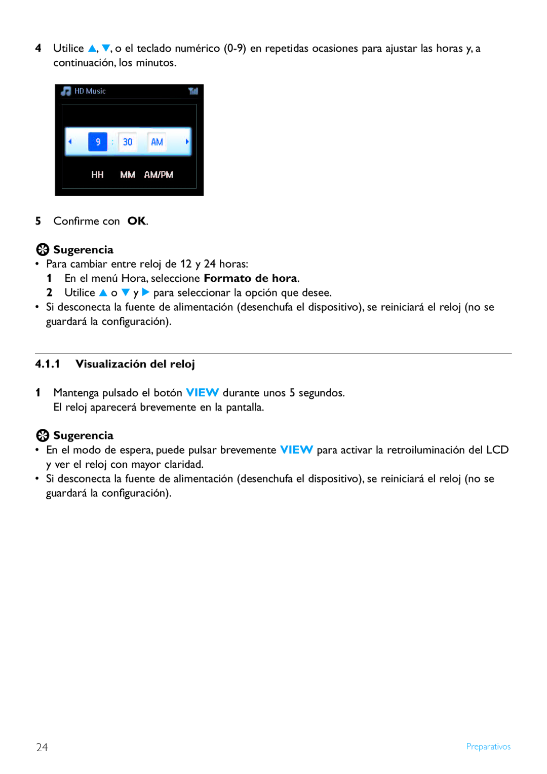 Philips WACS7500/37 manual Sugerencia, Visualización del reloj 