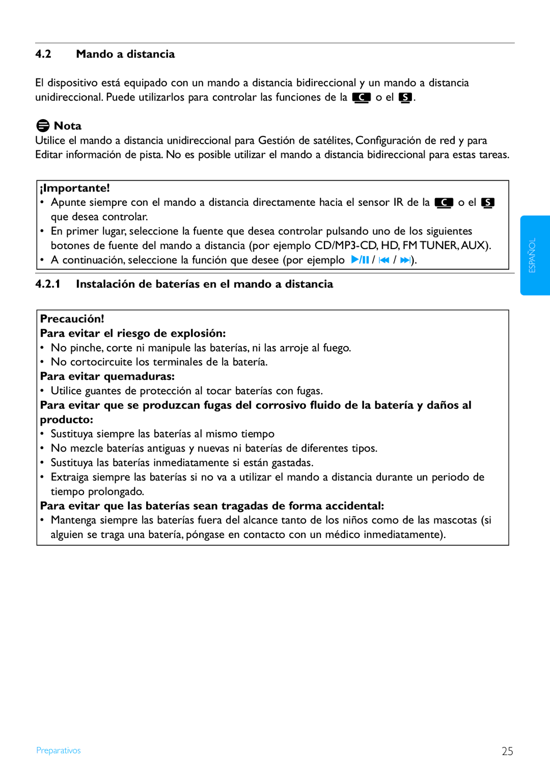 Philips WACS7500/37 Mando a distancia, Para evitar quemaduras, Utilice guantes de protección al tocar baterías con fugas 