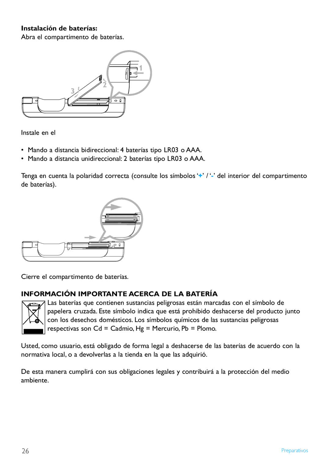 Philips WACS7500/37 manual Instalación de baterías, Información Importante Acerca DE LA Batería 