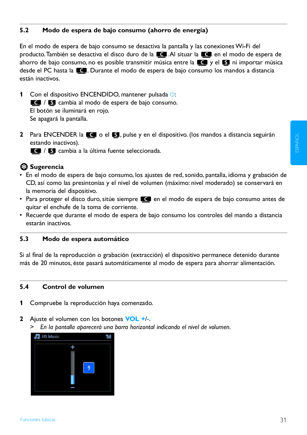 Philips WACS7500/37 manual Modo de espera de bajo consumo ahorro de energía, Modo de espera automático, Control de volumen 