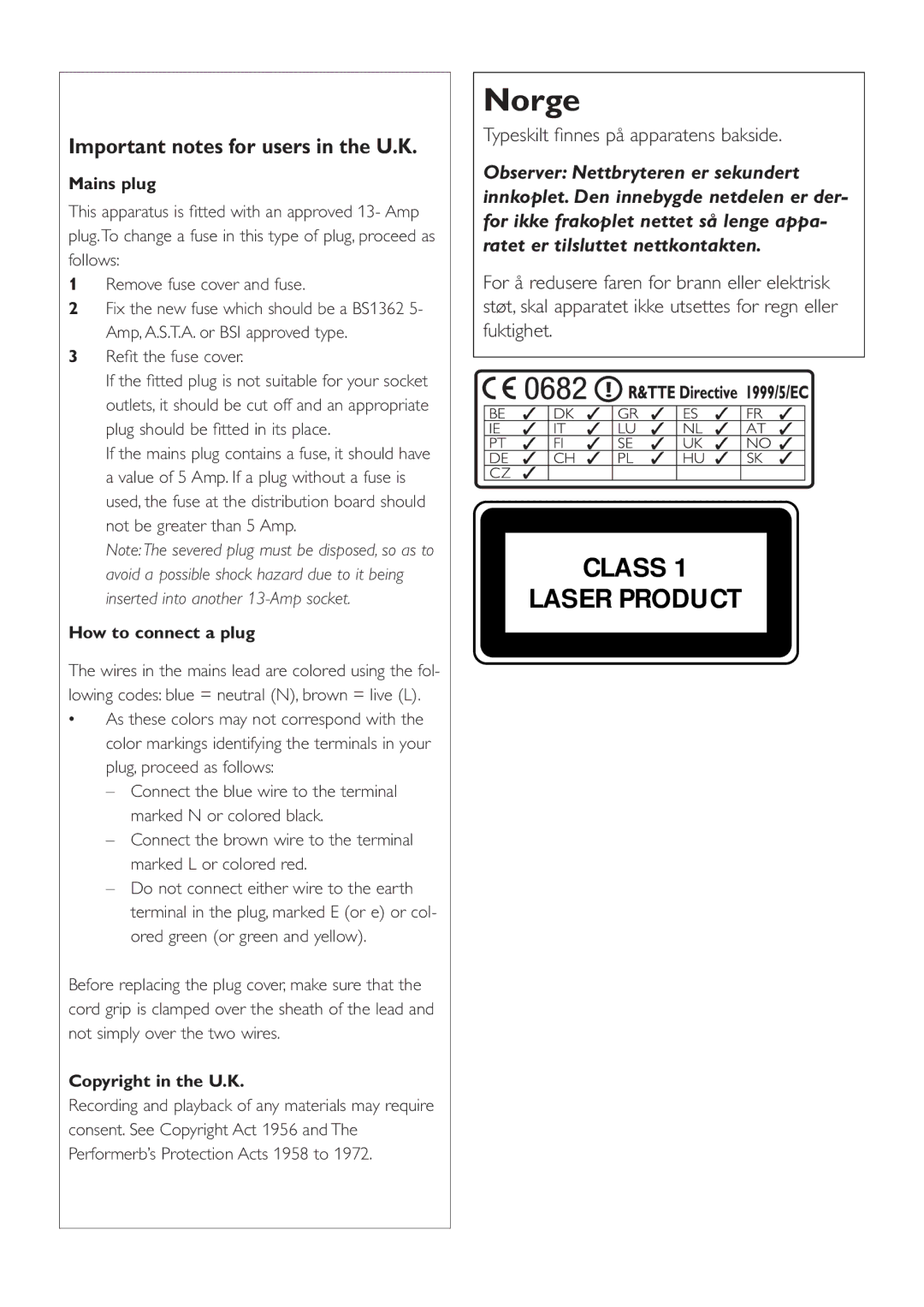 Philips WACS7500/37 manual Important notes for users in the U.K, Typeskilt ﬁnnes på apparatens bakside 