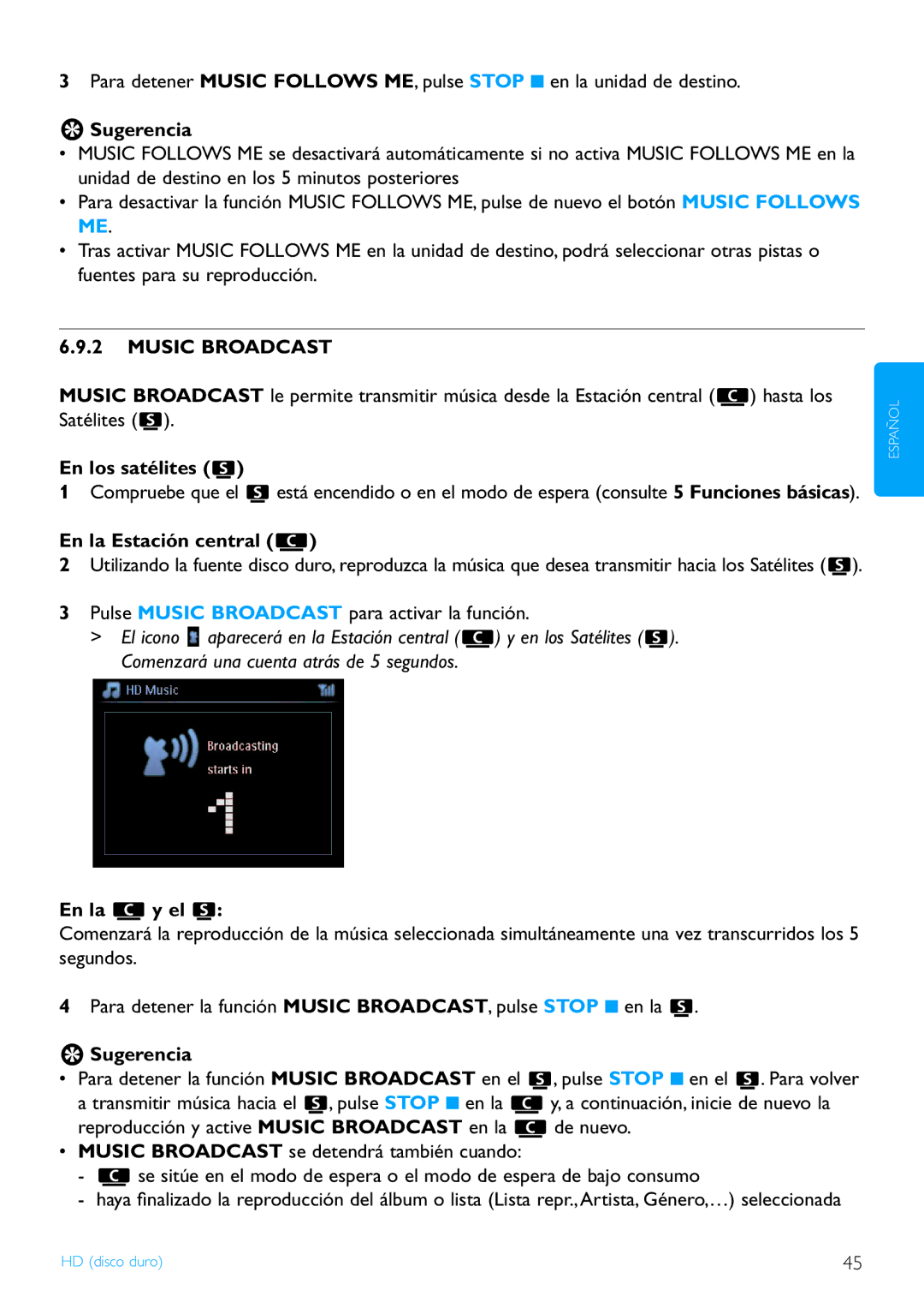 Philips WACS7500/37 En los satélites, En la Estación central, Pulse Music Broadcast para activar la función, En la y el 