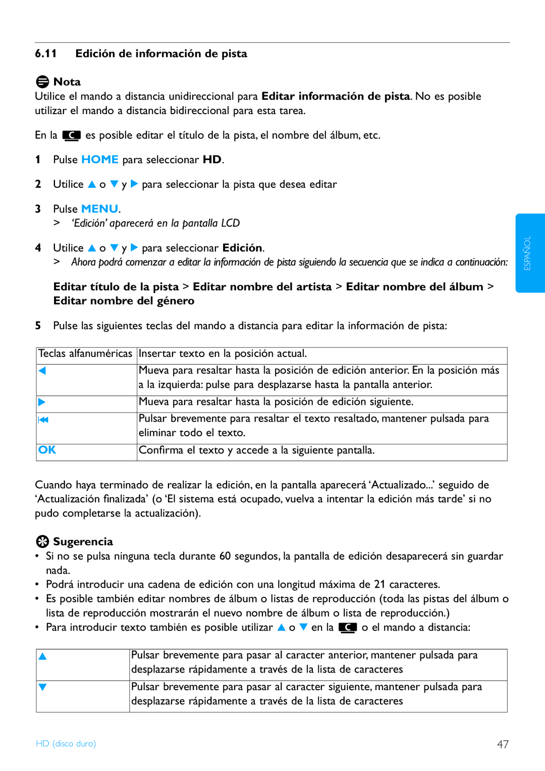 Philips WACS7500/37 manual Edición de información de pista Nota, ‘Edición’ aparecerá en la pantalla LCD 