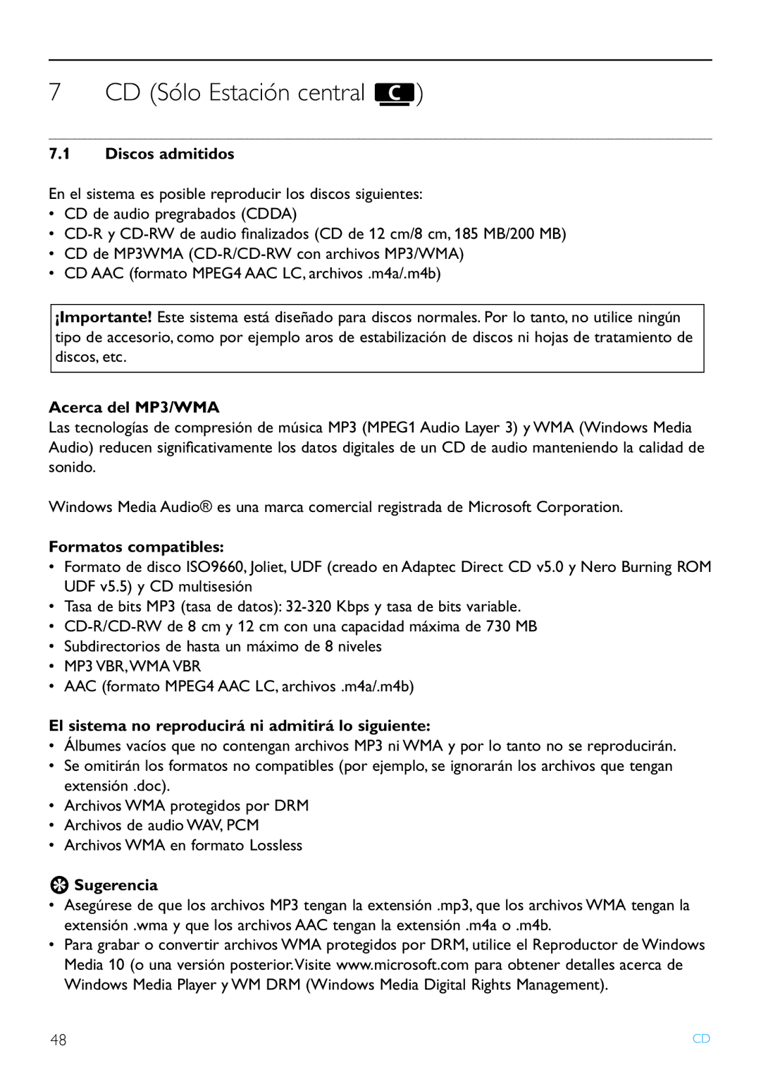 Philips WACS7500/37 manual CD Sólo Estación central, Discos admitidos, Acerca del MP3/WMA, Formatos compatibles 