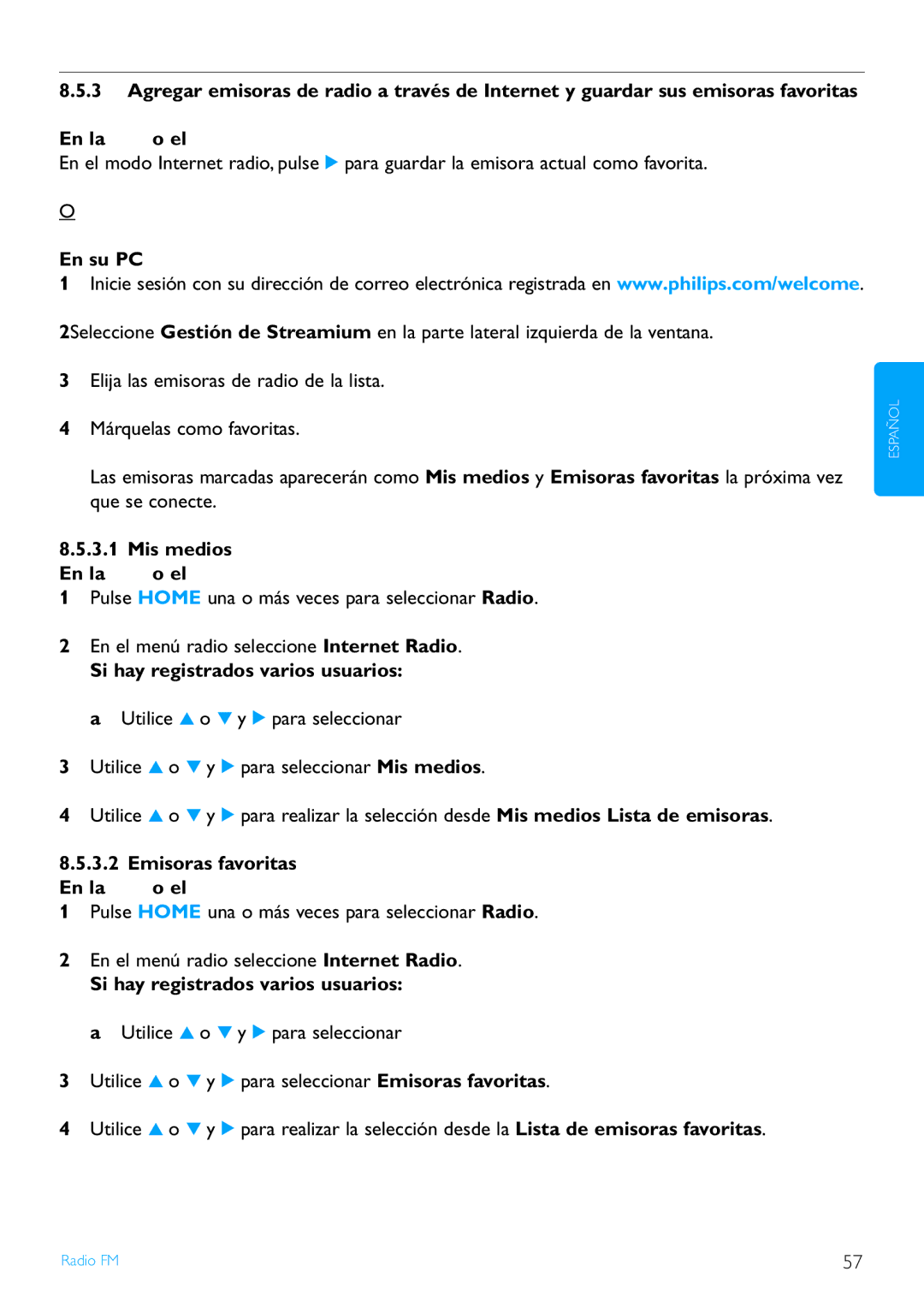 Philips WACS7500/37 manual Mis medios En la o el, Emisoras favoritas En la o el 
