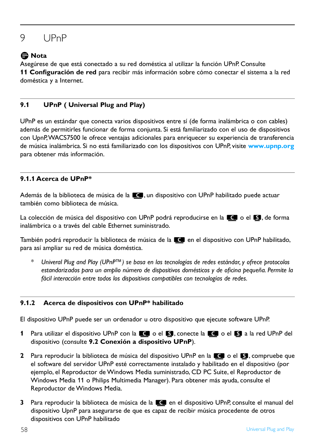 Philips WACS7500/37 manual UPnP Universal Plug and Play Acerca de UPnP, Acerca de dispositivos con UPnP* habilitado 