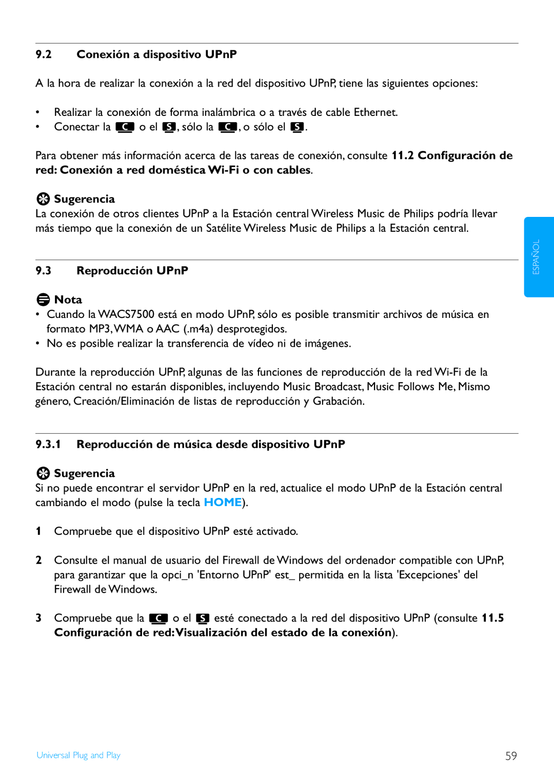 Philips WACS7500/37 manual Conexión a dispositivo UPnP, Reproducción UPnP Nota 