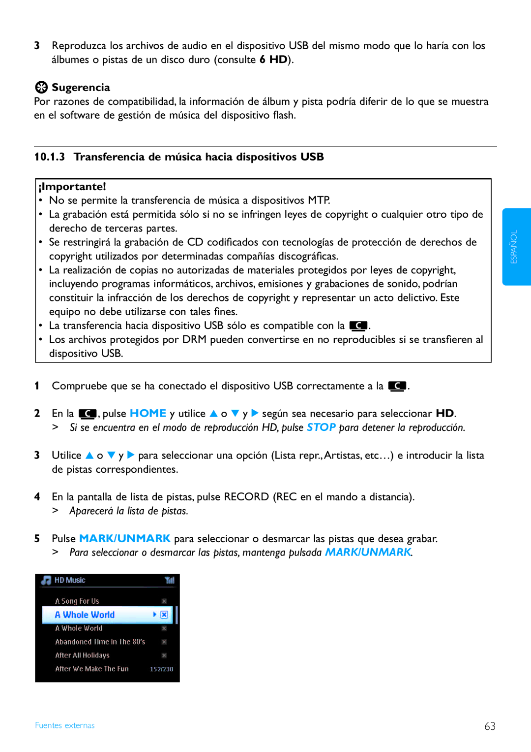 Philips WACS7500/37 manual Transferencia de música hacia dispositivos USB ¡Importante, Aparecerá la lista de pistas 