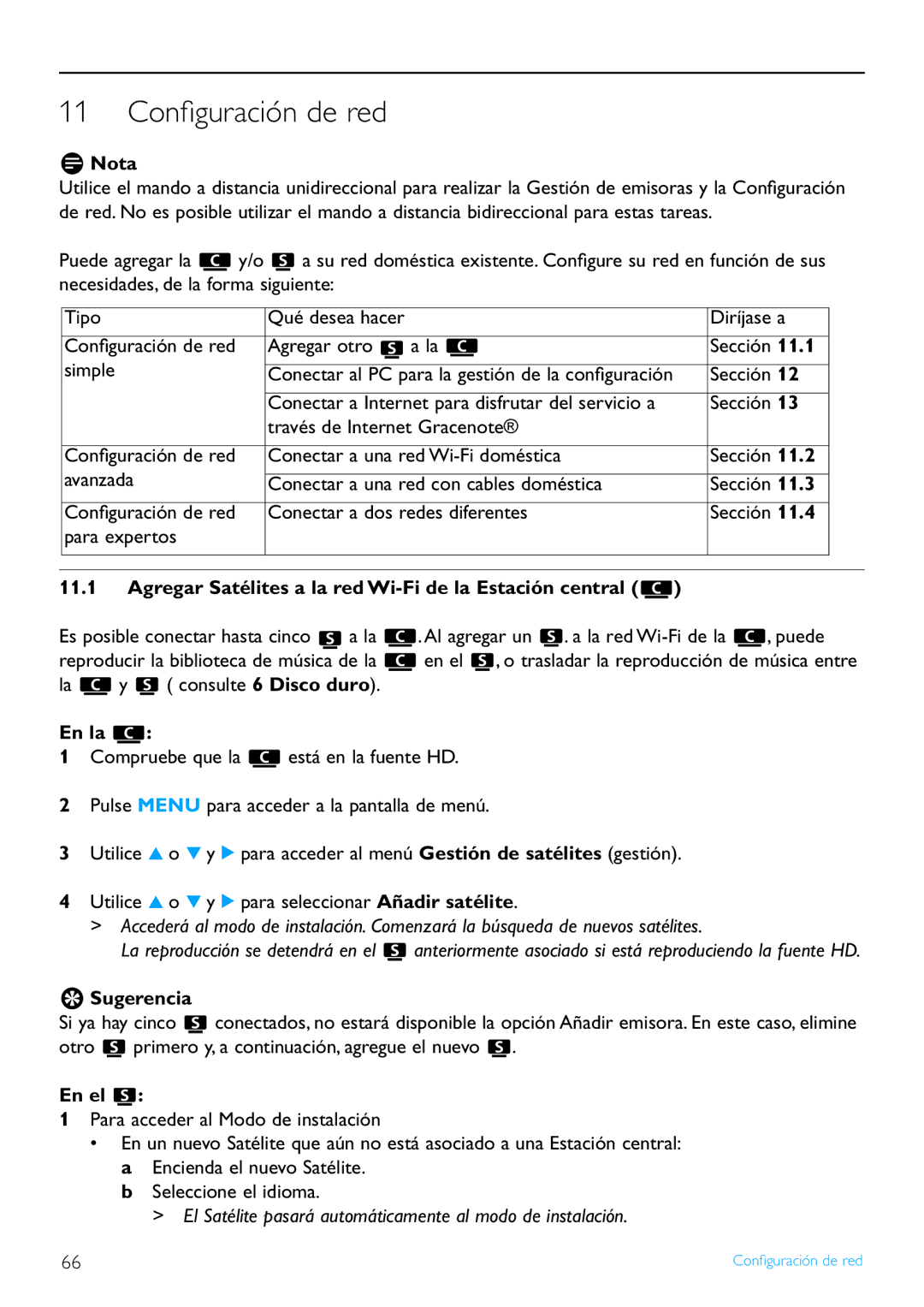 Philips WACS7500/37 manual 11 Conﬁguración de red, Agregar Satélites a la red Wi-Fi de la Estación central, En el 