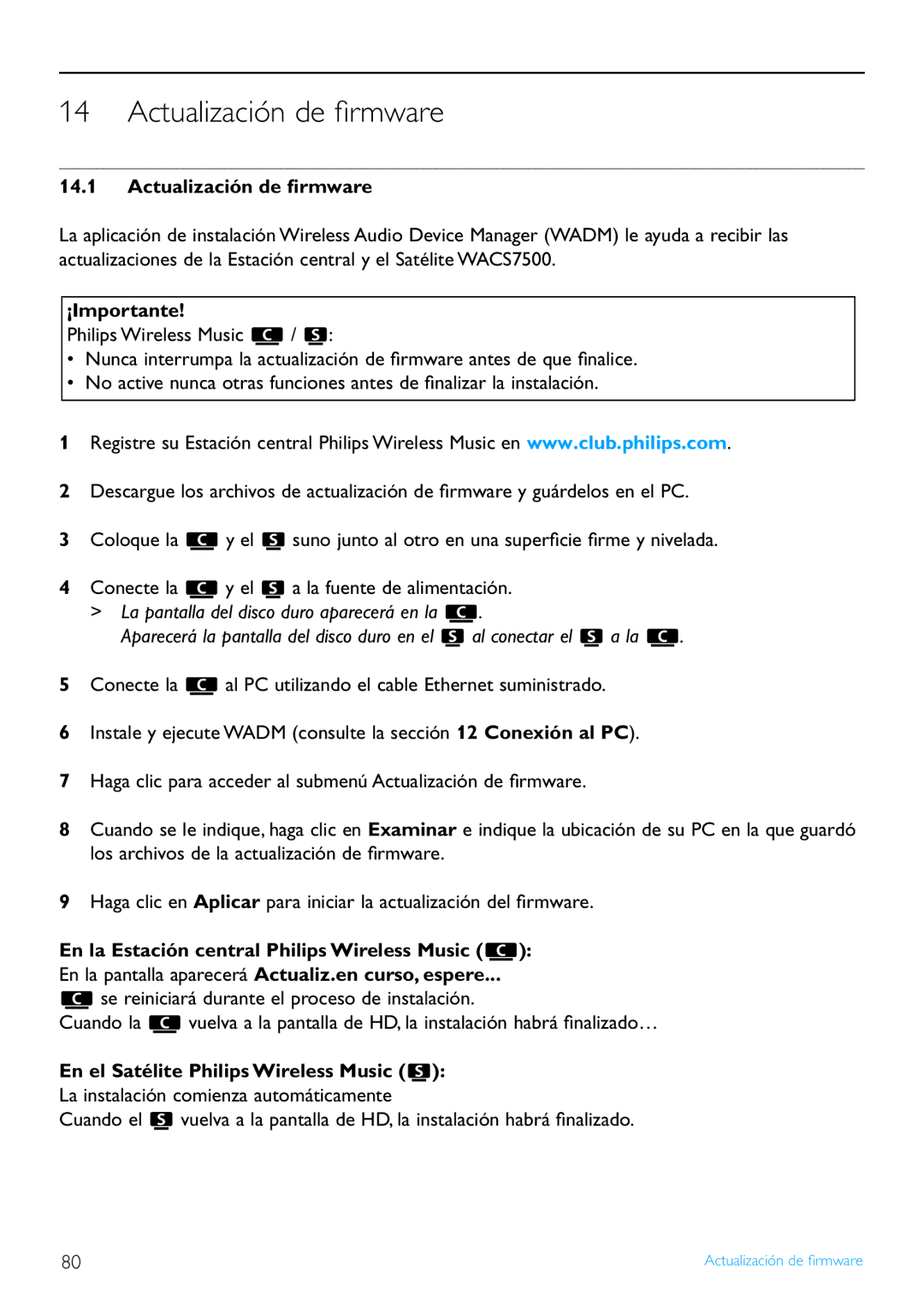 Philips WACS7500/37 manual Actualización de ﬁrmware, En el Satélite Philips Wireless Music 