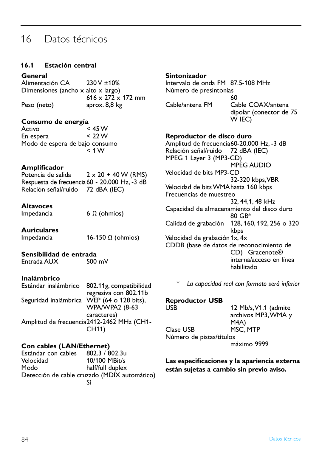 Philips WACS7500/37 manual Datos técnicos 